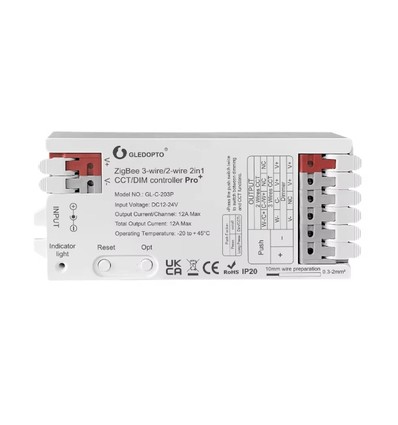 Gledopto Pro 2i1 Zigbee strip controller - Hue kompatibel, 12V/24V, 12V (144W) 24V (288W), Enkeltfarvet + CCT