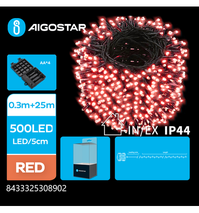 25m rød batteri LED lyskæde - 500 LED, 8 lysspil, mørkegrøn ledning