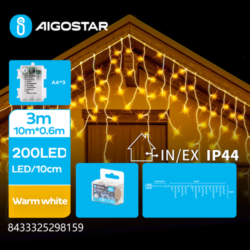 10m varm hvid batteri istap lyskæde - 200 LED, 50 rækker, 60cm højt, 8 lysspil, IP44, transparent ledning