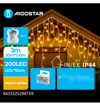 10m varm hvid batteri istap lyskæde - 200 LED, 50 rækker, 60cm højt, 8 lysspil, IP44, transparent ledning