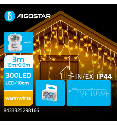 15m varm hvid batteri istap lyskæde - 300 LED, 75 rækker, 8 lysspil, IP44, transparent ledning