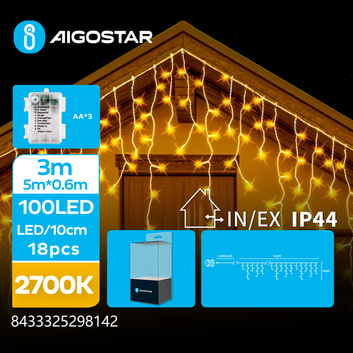 5m batteri iskæde - 100 LED, 25 rækker, 8 lysspil, transparent ledning