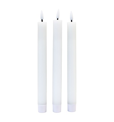 3-pak hvide LED stearinlys, flammeeffekt - Ø2,2cm, Højde: 24,5cm, kronelys, virker m. fjernb., timer, batteri