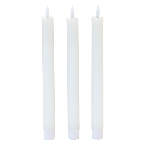 3-pak hvide LED stearinlys, flammeeffekt - Ø2,2cm, Højde: 24,5cm, kronelys, inkl. fjernb., timer, batteri