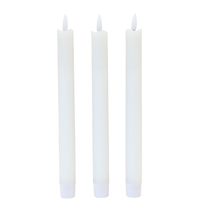 3-pak hvide LED stearinlys - Ø2,2cm, Højde: 24,5cm, kronelys, virker m. fjernb., timer, batteri